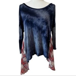 🌸 Scrapbook | Women's Blue Dyed & Plaid Long-Sleeve Flowy Tunic Top